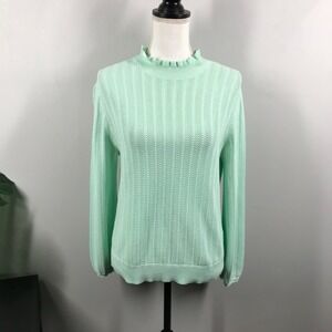 J CREW Sweater Size LARGE‎ Mint Green Pointelle Ruffle Mock Neck Stretch